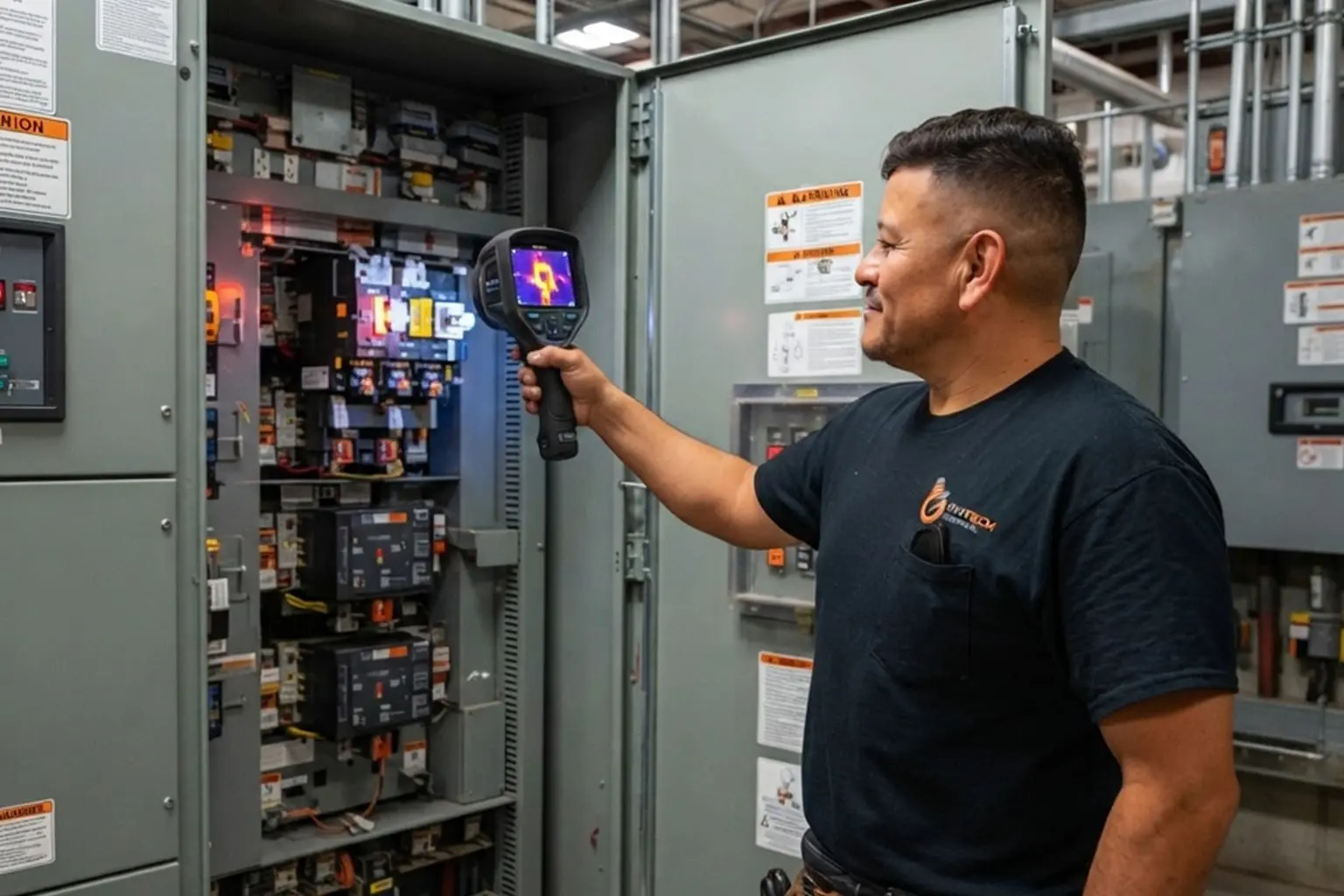 Christian Garcia, Technician at Gartech Electrical, performing an infrared thermal inspection of an industrial electrical panel for a business in Balch Springs, Texas.