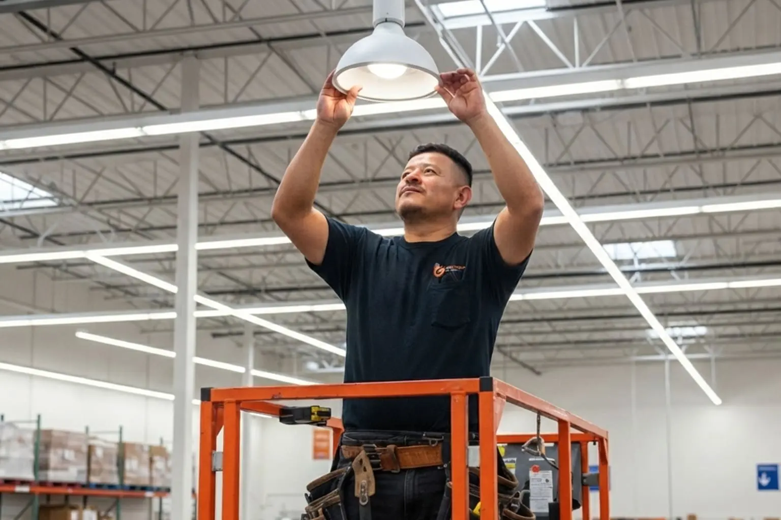 Christian Garcia, Owner of Gartech Electrical, installing commercial LED high bay lighting in a warehouse in Balch Springs, Texas.