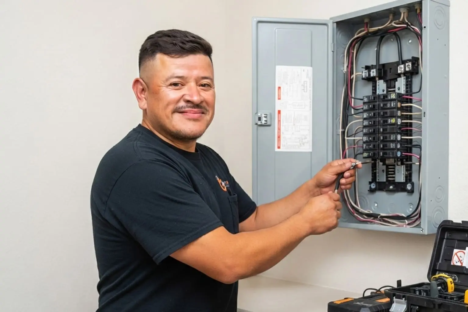 Licensed Electrician Christian Garcia of Gartech Electrical, installing and wiring a residential electrical panel for a homeowner in Mesquite, Texas.