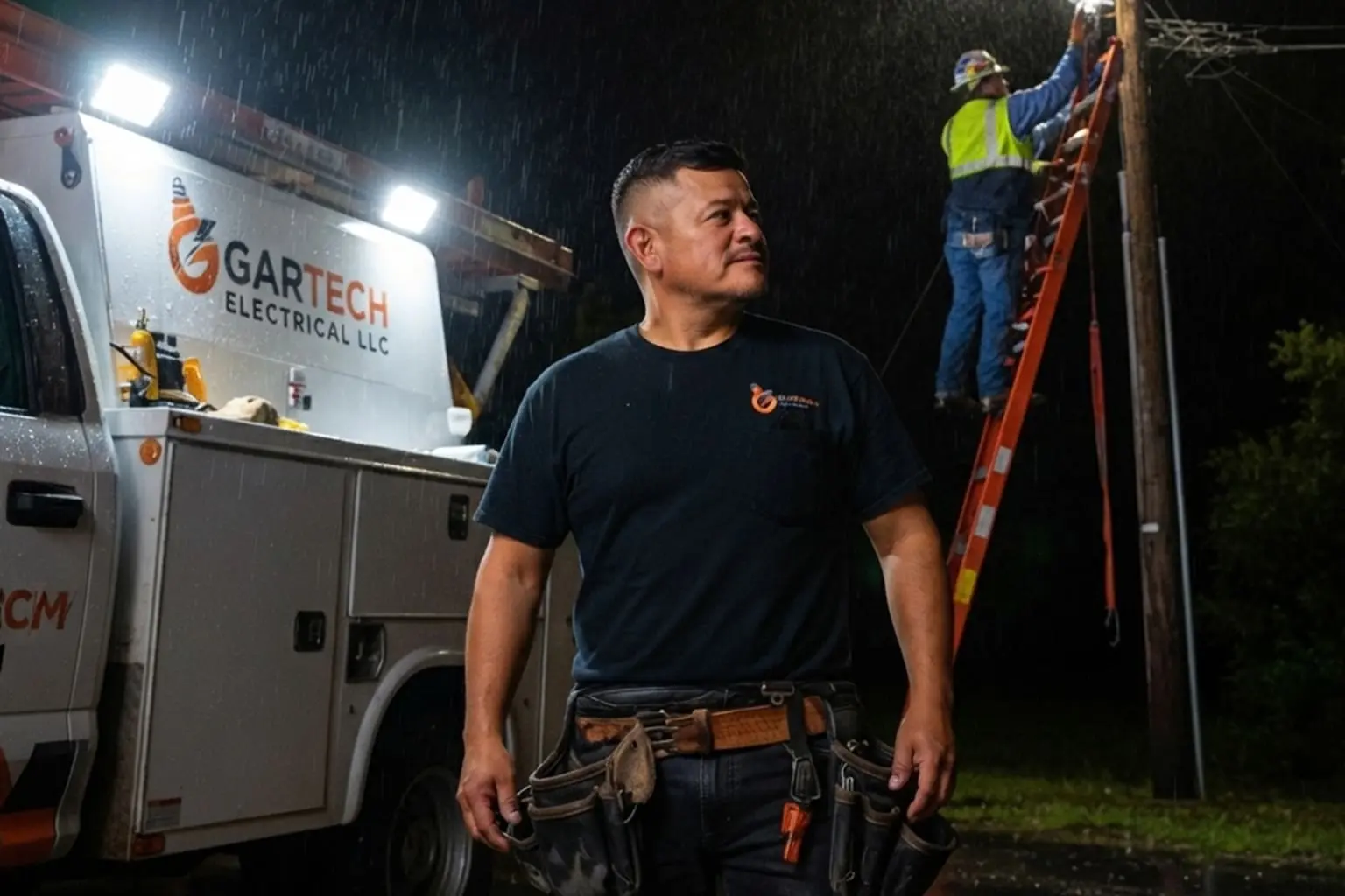Christian Garcia, Emergency Electrician at Gartech Electrical, restoring power and repairing a commercial electrical system on Peachtree Road, Balch Springs, Texas.