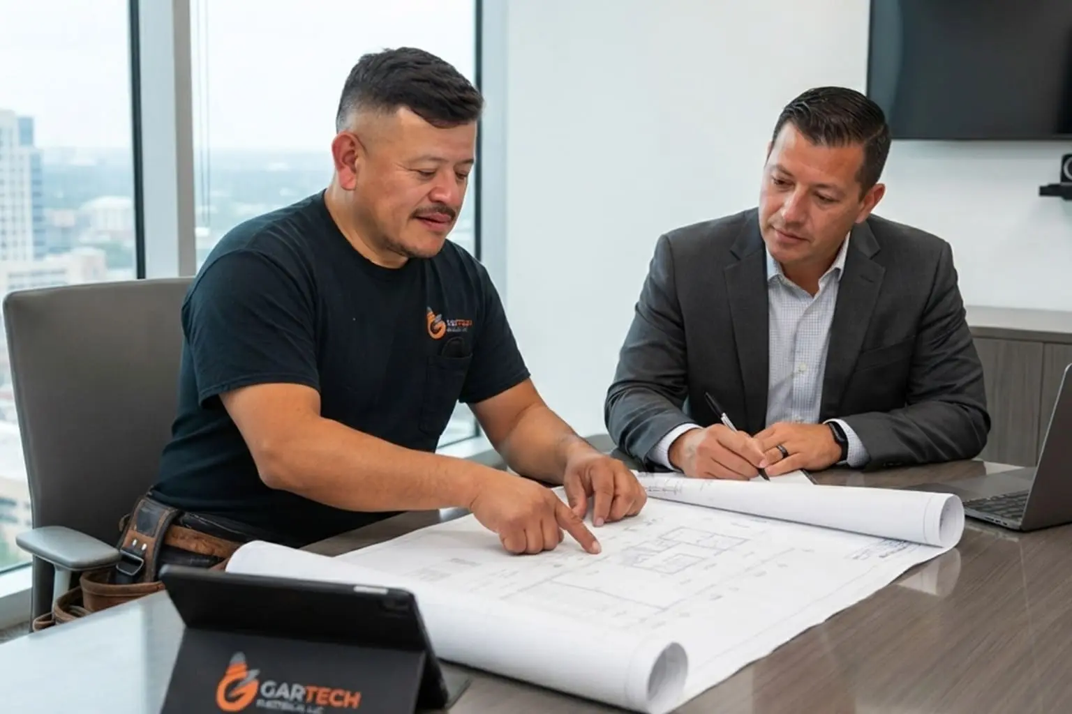 Christian Garcia, President of Gartech Electrical, meeting with a client to plan a commercial electrical project on Peachtree Road, Balch Springs, Texas.